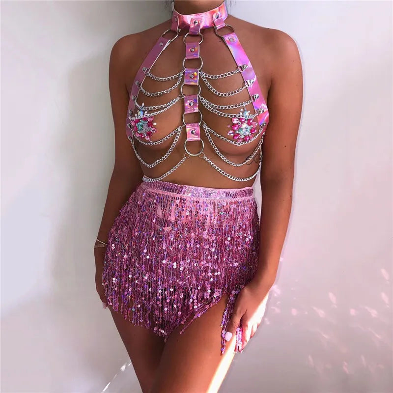 Two Piece Multilayer Cage Bra With  Tassel Mini Skirt
