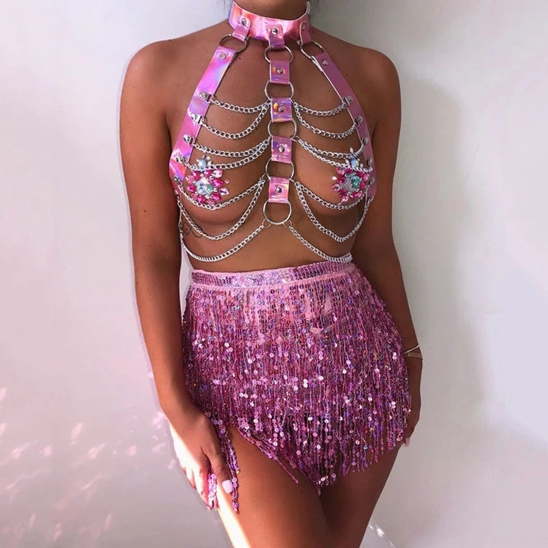 Two Piece Multilayer Cage Bra With  Tassel Mini Skirt