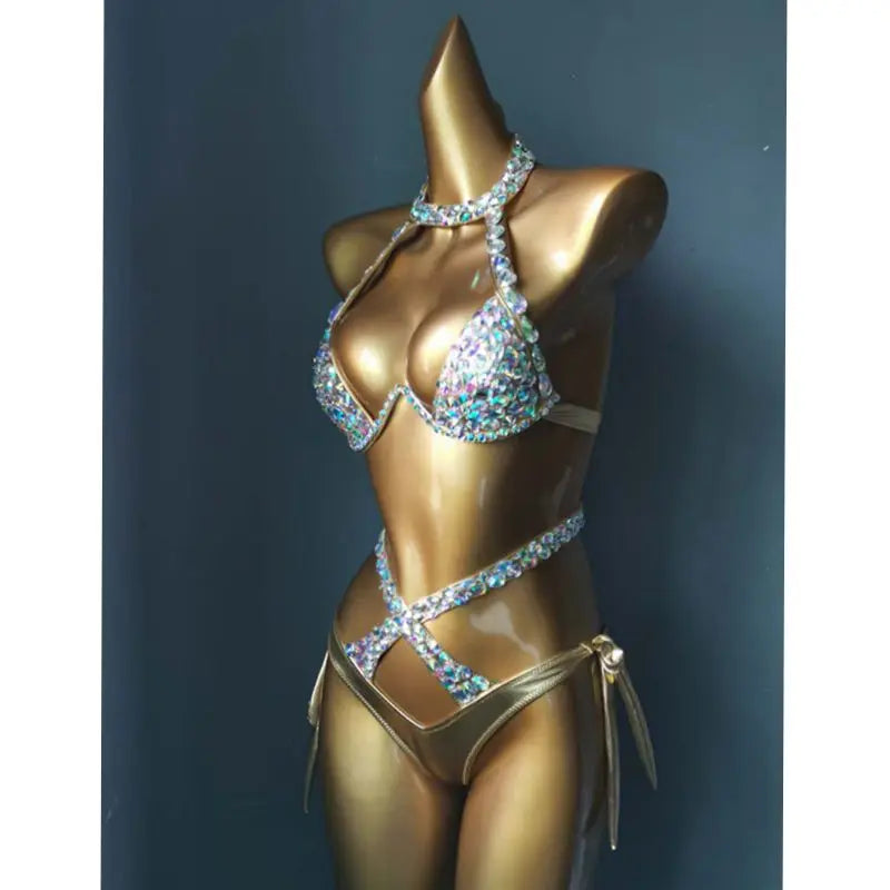 Radiant Revive: Luxury Rhinestone Rave Bikini Set