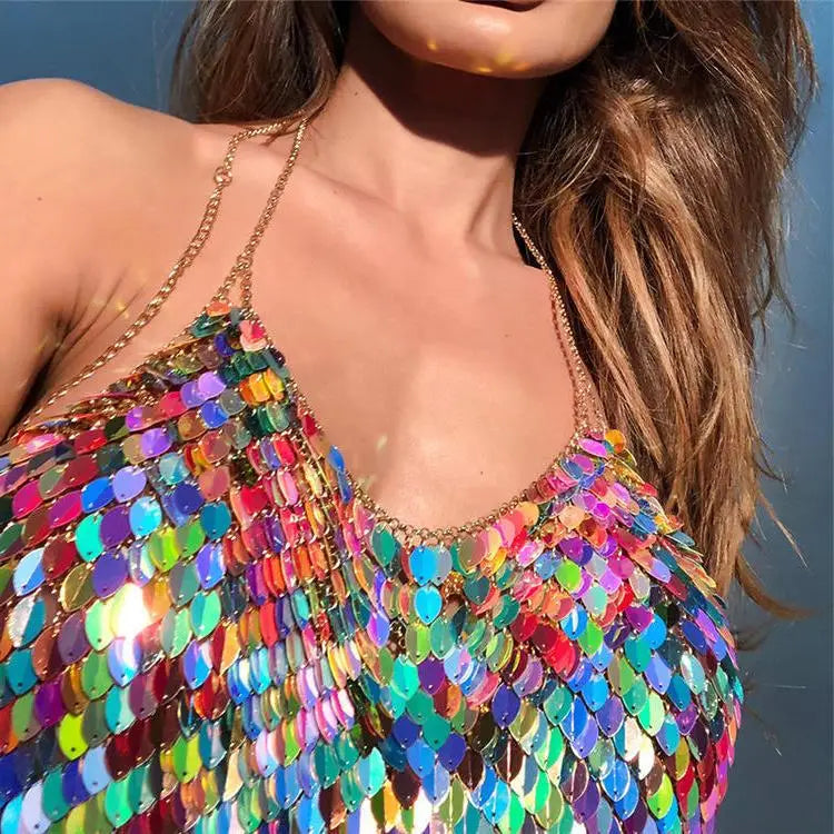 Sexy Sequin Rave Halter Chain top