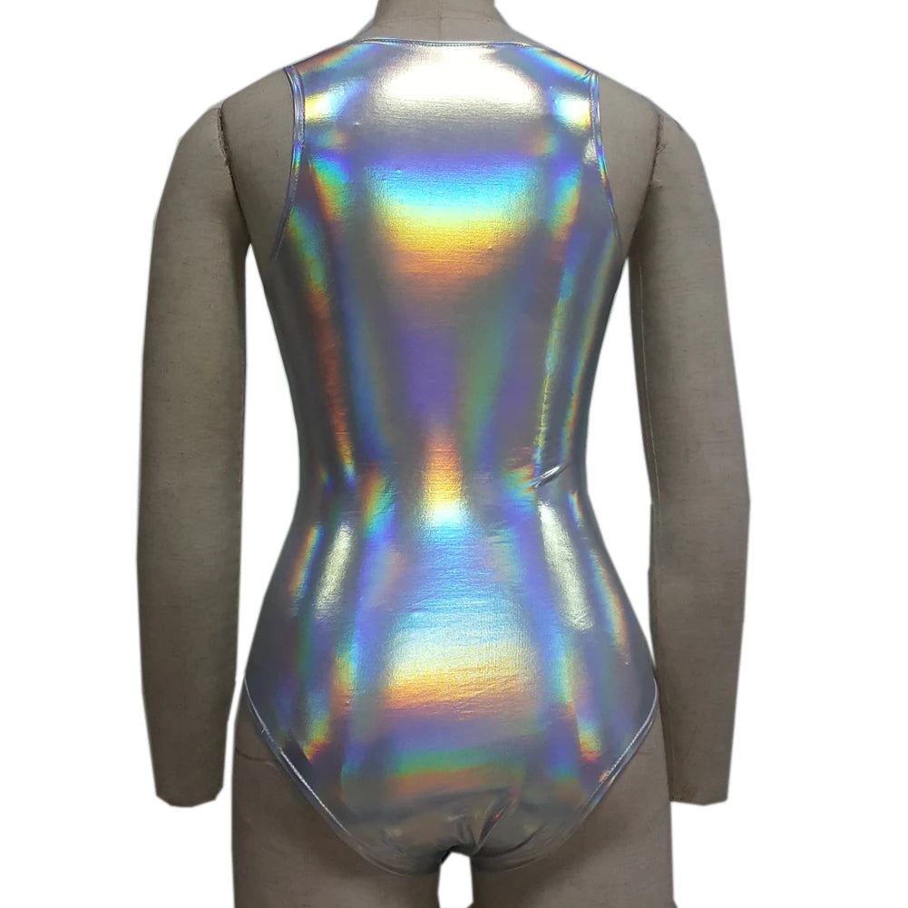 Lace Up Holographic Rave Bodysuit