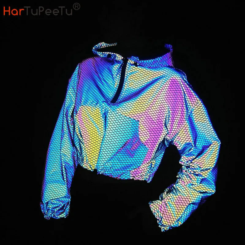 Women Reflective Jogger Crop Top Fish Scale Drawstring Front Pocket Hooded Coat