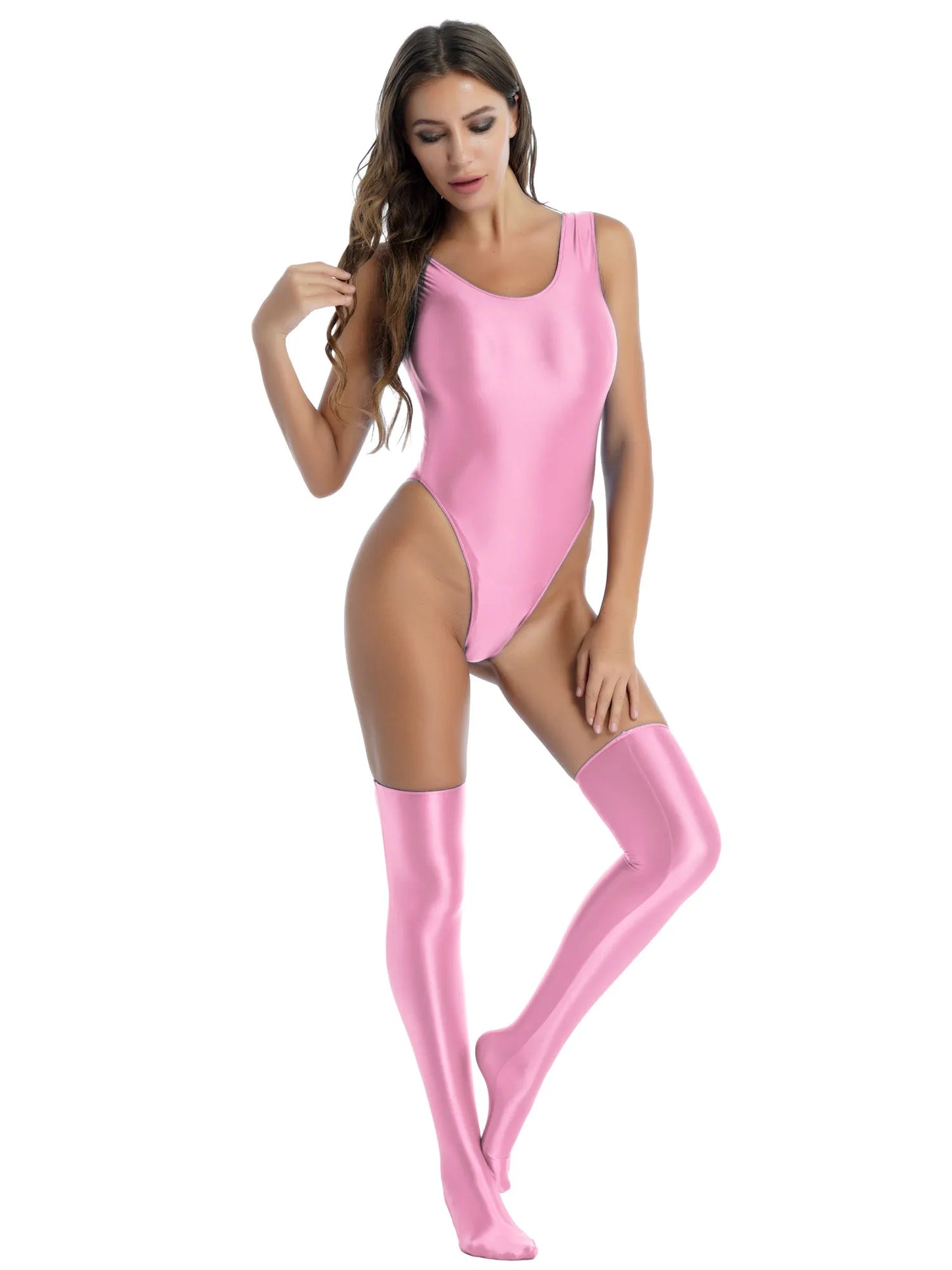 Sexy Glossy High Cut Rave Bodysuit with Stockings