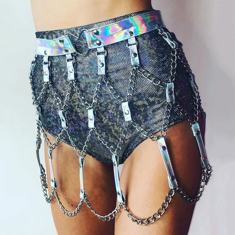 Holographic Faux Leather Top W Adjustable Mini Skirt Rave Outfit