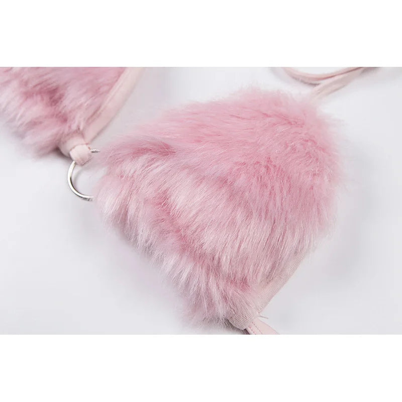 Pink Fluffy Faux Fur Bikini Top