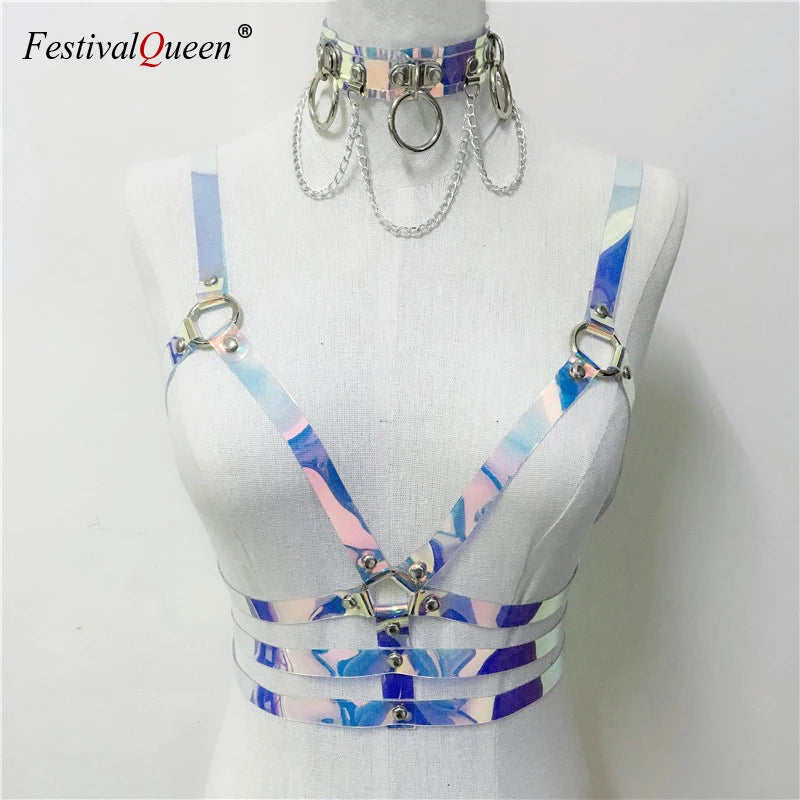 Holographic Rave Harness With Choker