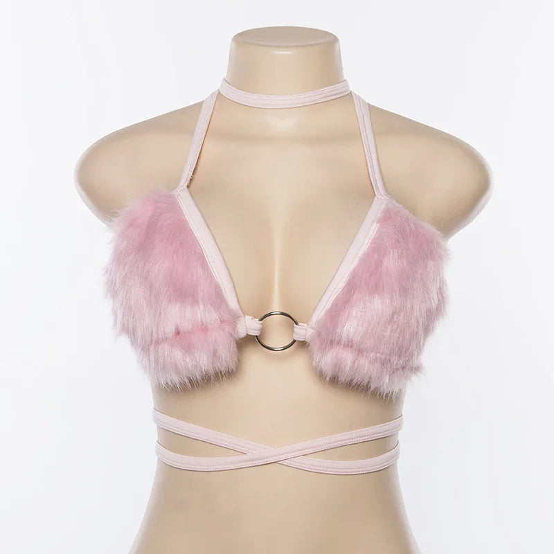 Pink Fluffy Faux Fur Bikini Top