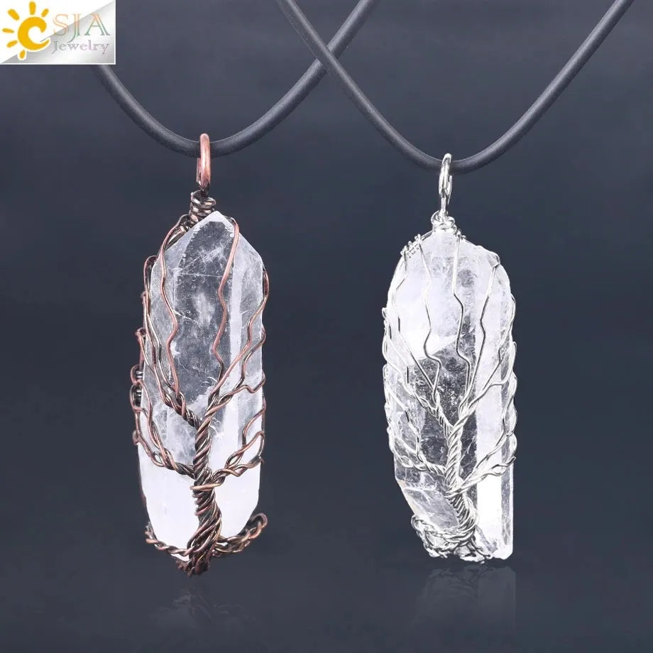 Natural Crystal Wire Wrapped Tree of Life Quartz Pendant