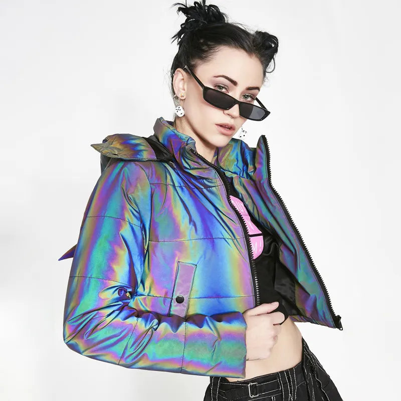 Winter Reflective Cropped Hooded Coat