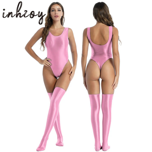 Sexy Glossy High Cut Rave Bodysuit with Stockings