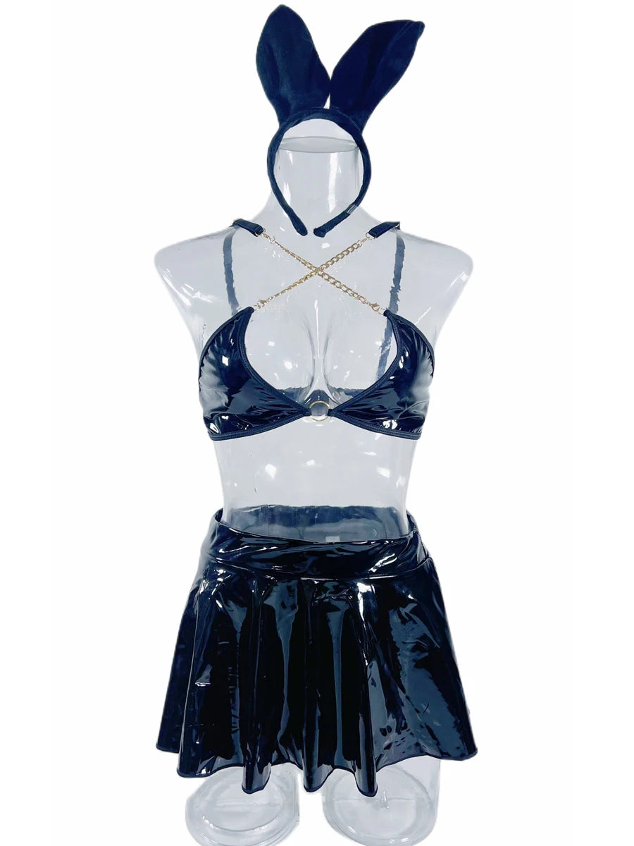 4 Pcs Set Sexy Metallic Latex Shiny Chain & Mini Skirt Rave Outfit