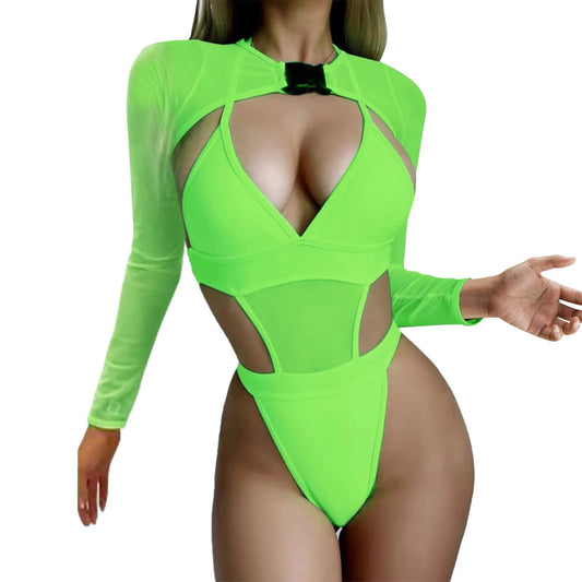2 Piece Neon Rave Bodysuit With Mesh Sleeves