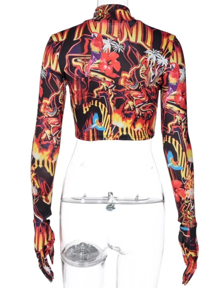 Sexy Fire Flame Long Sleeve Rave  Crop Top