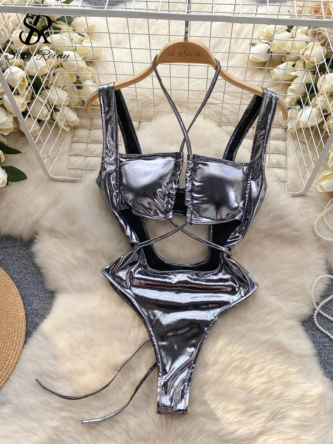 Shiny Hollow Out Sexy Halter Bodysuit With Skirt