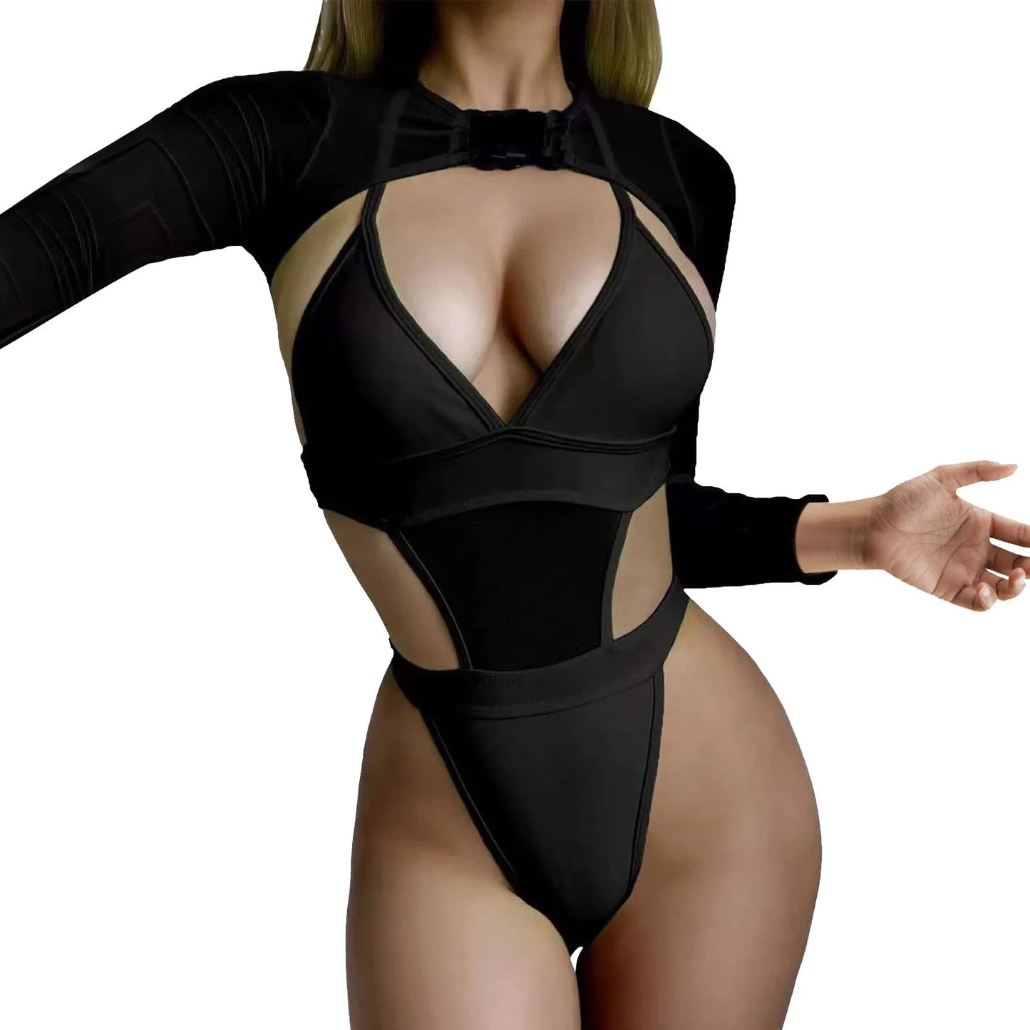 2 Piece black Rave Bodysuit With Mesh Sleeves