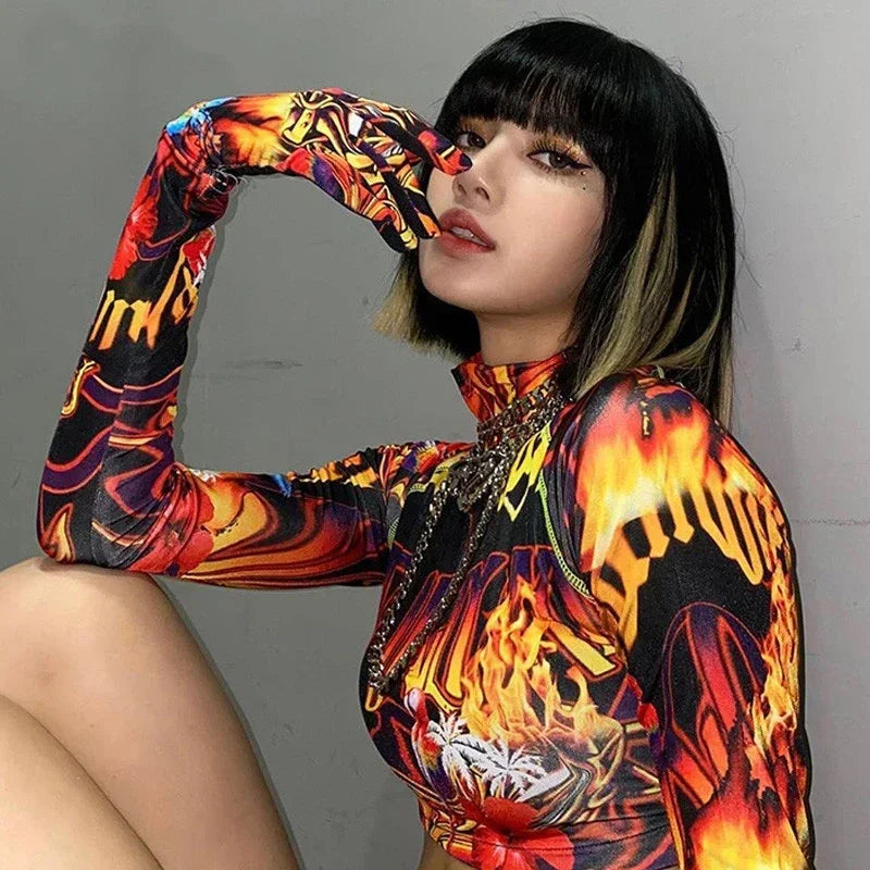 Sexy Fire Flame Long Sleeve Rave  Crop Top