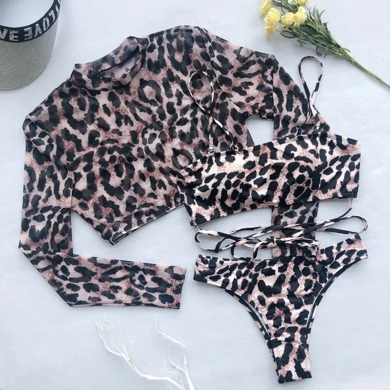 Long Sleeve 3 Piece High Cut Leopard Bikini