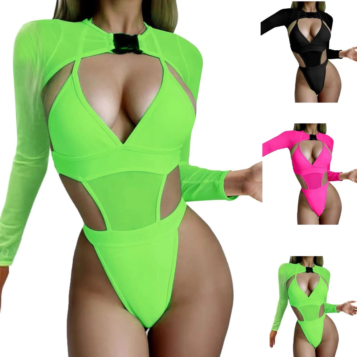 2 Piece Neon Rave Bodysuit With Mesh Sleeves
