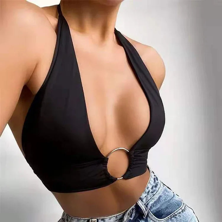 Sexy Sleeveless Ring Linked Halter Top