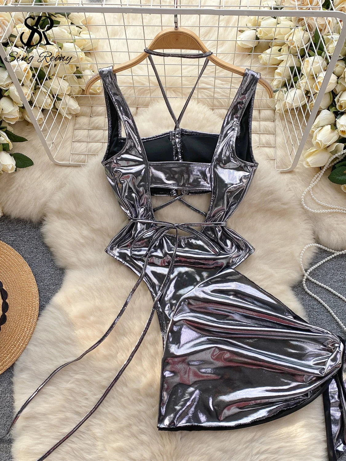 Shiny Hollow Out Sexy Halter Bodysuit With Skirt