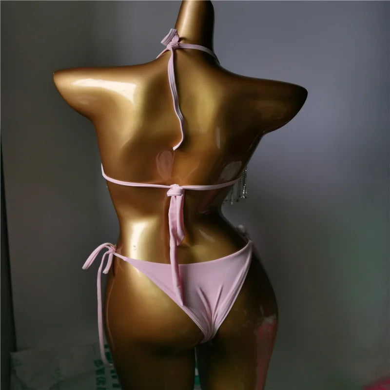 Enchanting Cascade: Rhinestone tassel bikini set