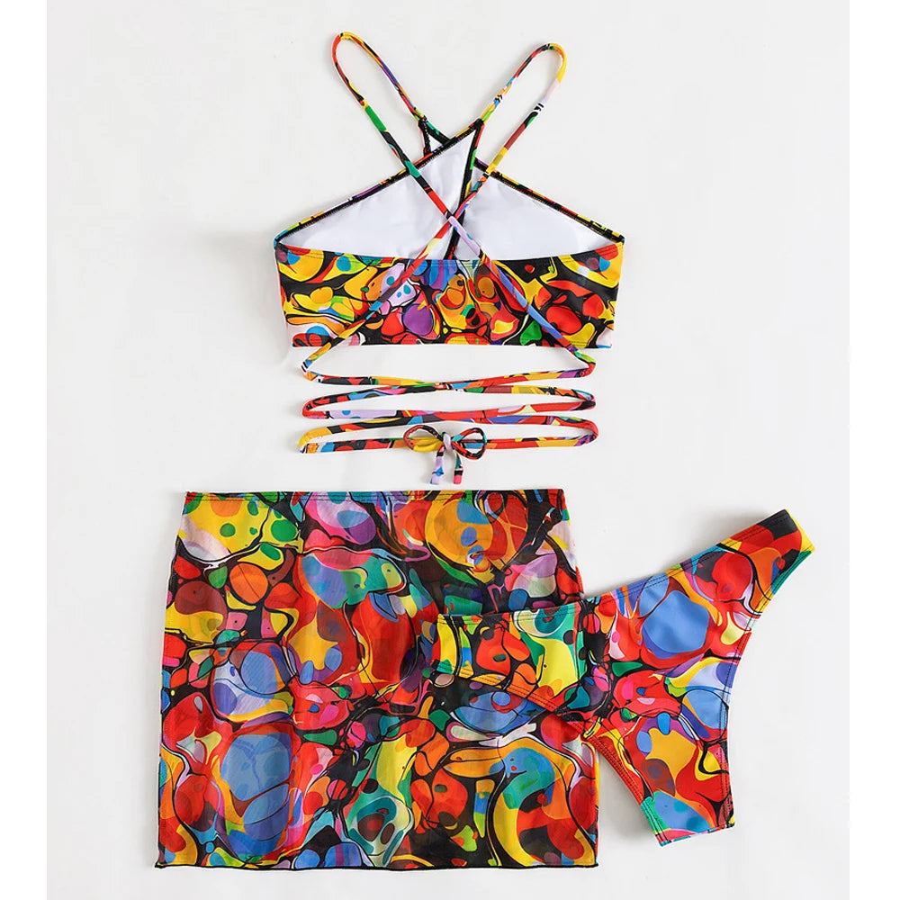 3 Piece Trippy Wrap around Bikini set with Skirt