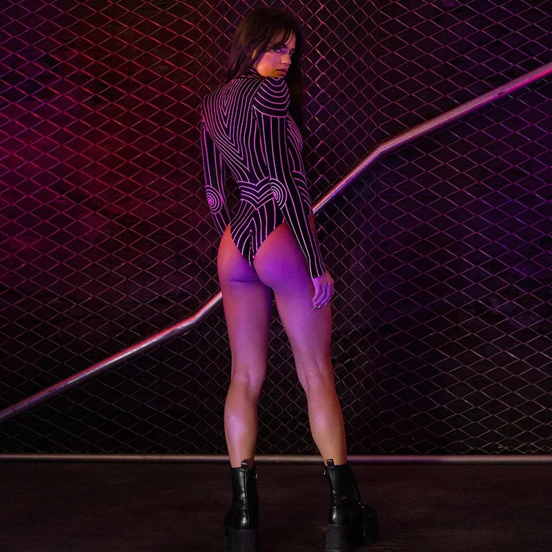 Rave Techy Long Sleeve High Cut Neon Sexy Bodysuit