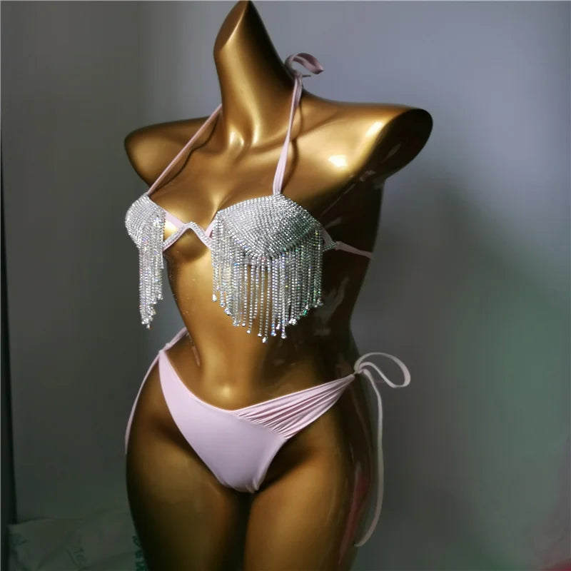 Enchanting Cascade: Rhinestone tassel bikini set