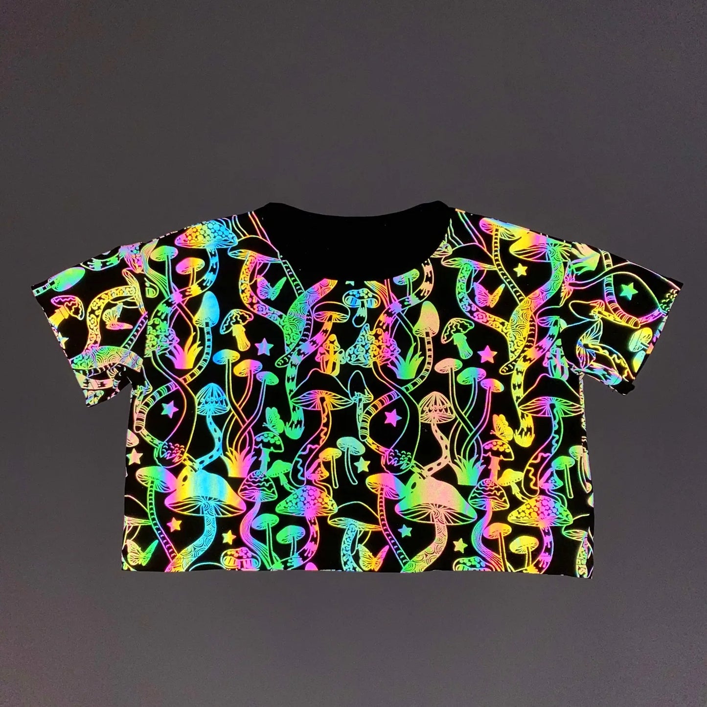 Mushroom Print Reflective Crop T-Shirt