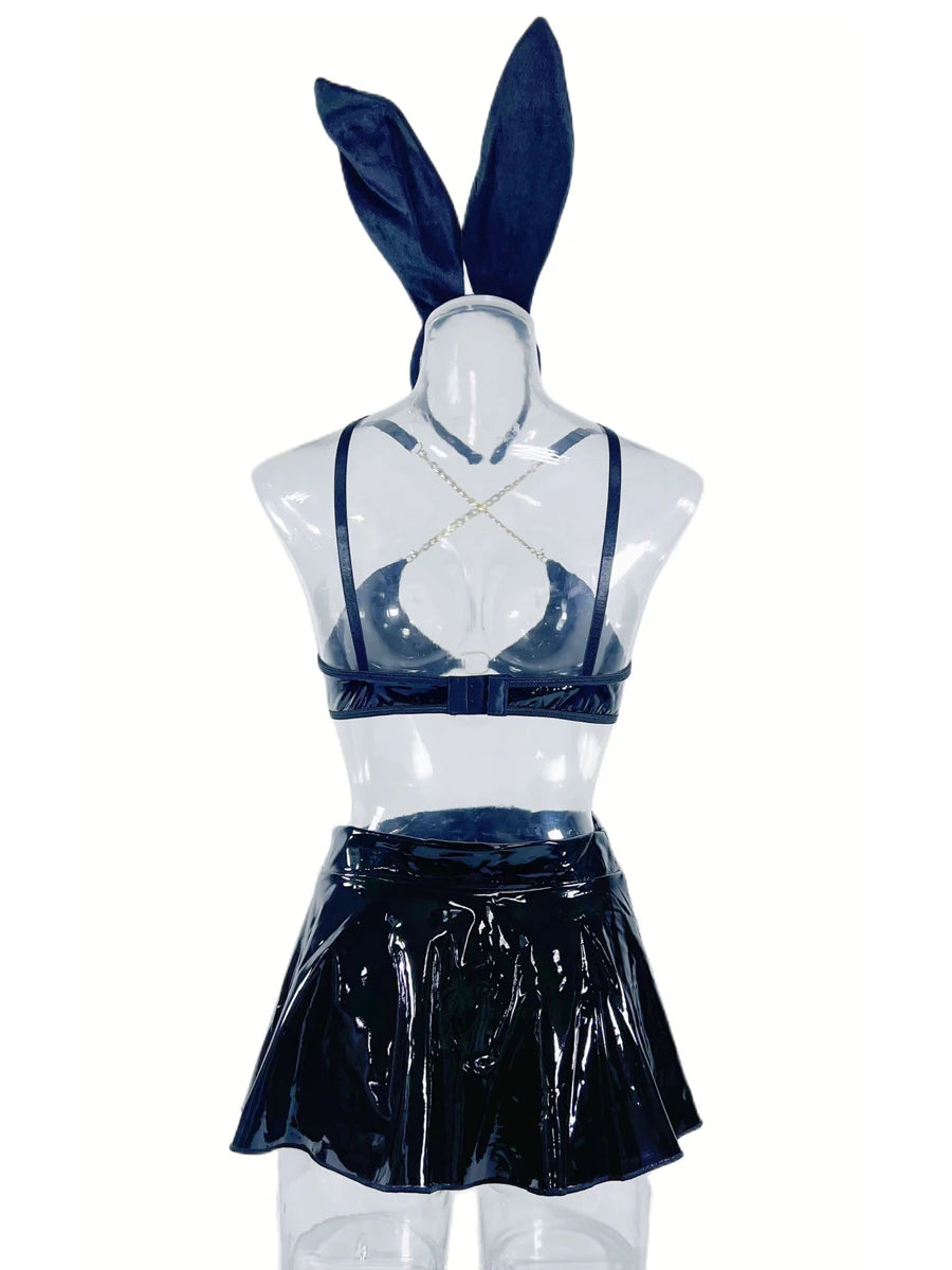 4 Pcs Set Sexy Metallic Latex Shiny Chain & Mini Skirt Rave Outfit