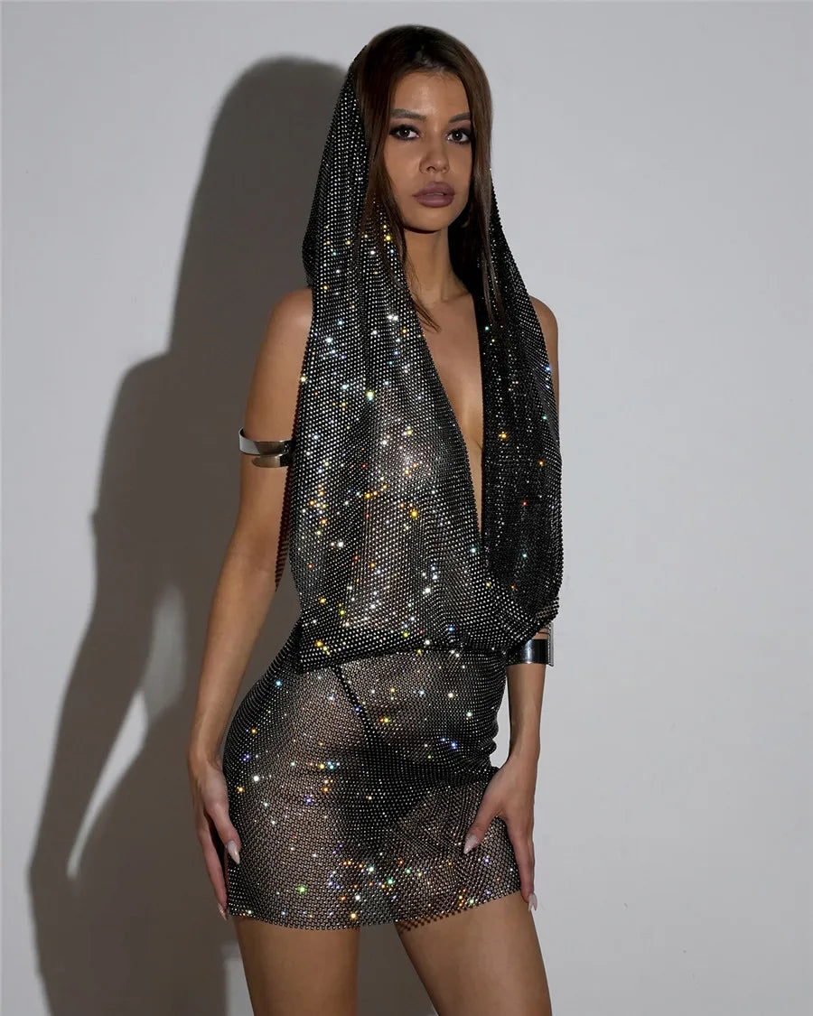 Y2K See Through Mesh  Rhinestone dress