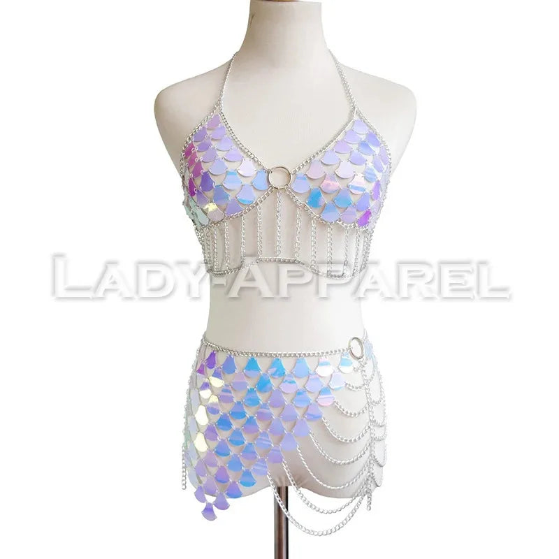 Fish Scale Sequins Body Chain and Top Mini Skirt