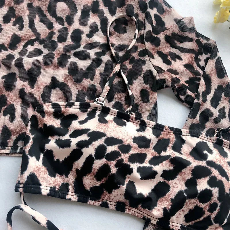 Long Sleeve 3 Piece High Cut Leopard Bikini